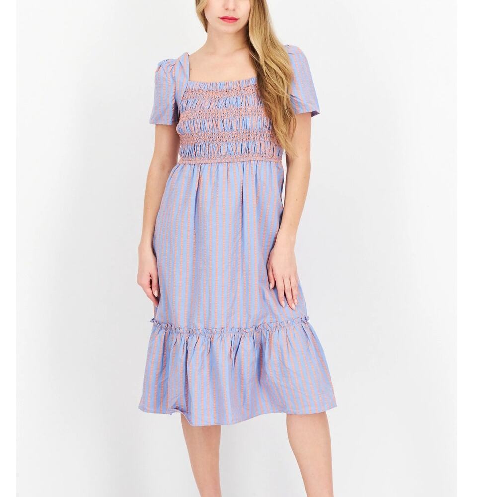 Tahari ASL Striped Cotton Smocked Seersucker A-Line Midi Dress Blue Coral 10